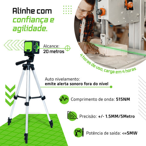 Nível A Laser Verde 2 Linhas Esquadro + Suporte + Tripé