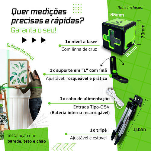 Nível A Laser Verde 2 Linhas Esquadro + Suporte + Tripé