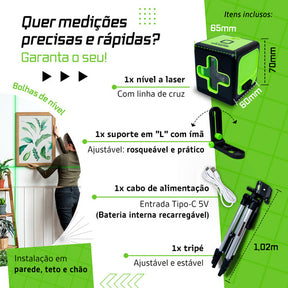Nível A Laser Verde 2 Linhas Esquadro + Suporte + Tripé